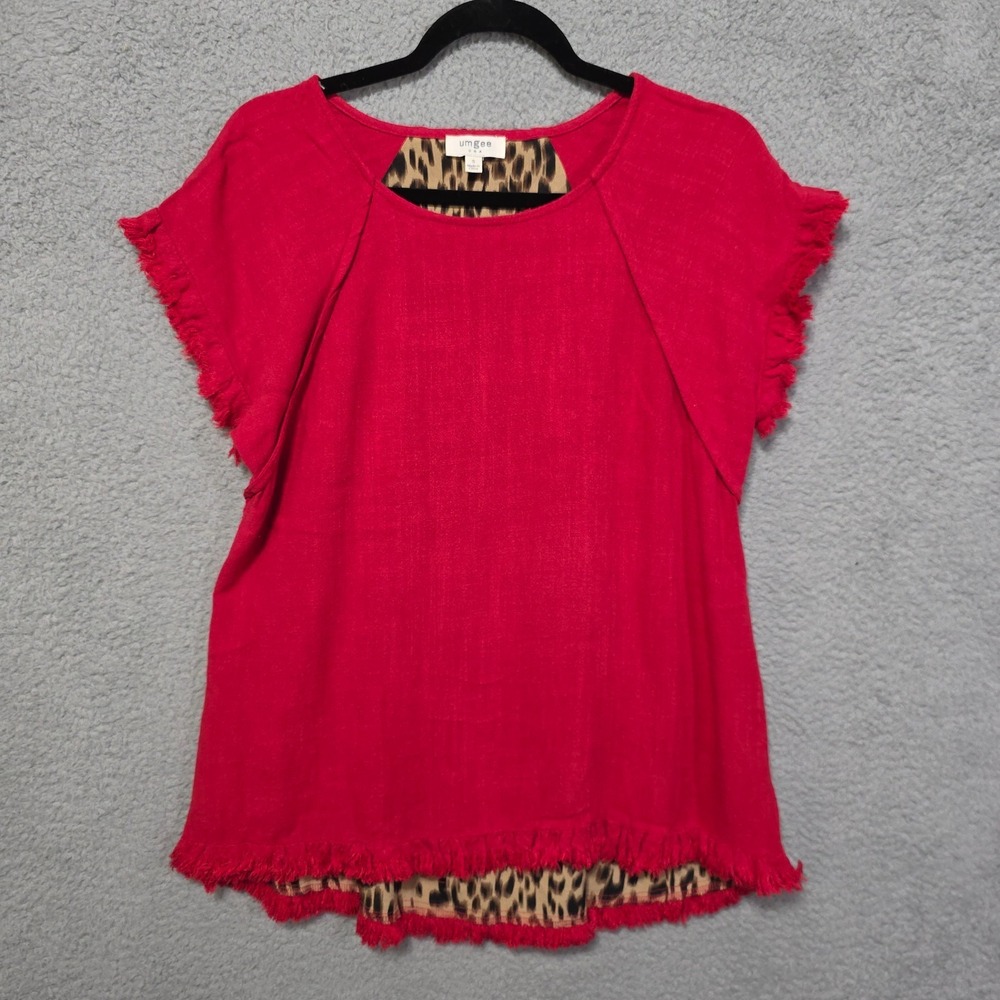 Umgee Womens Linen Short Sleeve Raw Hem Top Size Small Lot of 2  Red Black - Picture 7 of 11